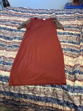 LuLaRoe Rust Midi Dress with Gray Raglan lace Sleeves